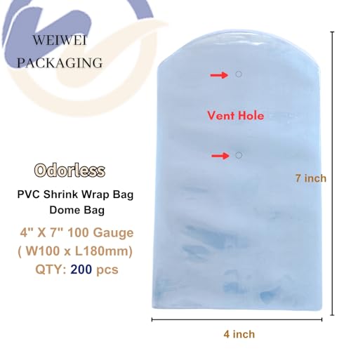 Image of WEIWEI - 4 inch x 7 inch 200PCS PVC Heat Shrink Wrap Bags with Vent Hole | Odorless Dome Shrink Bags for 8oz Pump Bottles, Gift Packaging, and Retail Display