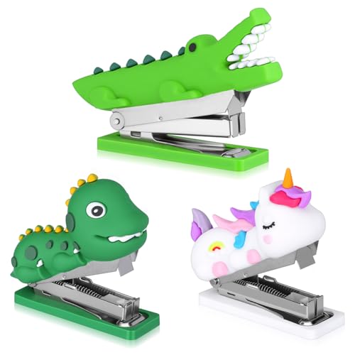 3pcs Mini Staplers for Desk, Cartoon Stapler Crocodile Dinosaur, Handheld Fun Stapler for Home Office