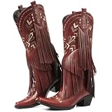 SaraIris Women's Red Cowgirl Boots Knee High Fringe Tassel Western Pointed Toe Wide Calf Cowboy Boots for Women