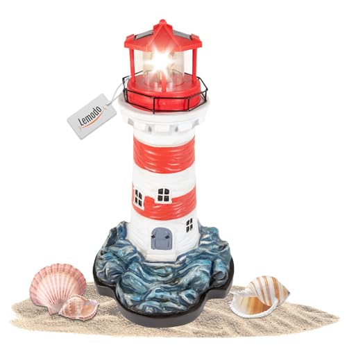 NATIV LEMODO Gartendeko Blauer Leuchtturm mit rotierendem Leuchtfeuer | Handbemalte Gartenfigur mit Solarleuchte | Maritime Außendeko mit LED Beleuchtung | 43 cm hoch