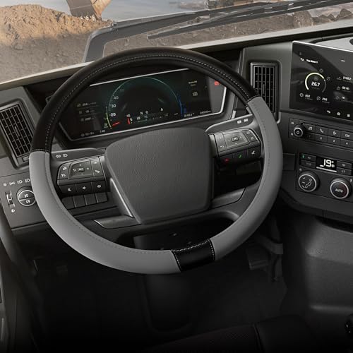 Cat BigDrive Faux Gray/Black Leather Semi Truck Steering Wheel Cover Fits RV and Big Rig Trucker Steering Wheel Cover for Trucks 18 Wheeler - X-Large 17.5 - 18 Inches