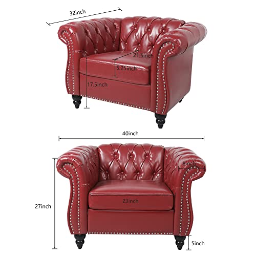 Image of ORRD Chesterfield Chair, Modern Leather Tufted Accent Sofa Couch Chair with Rolled Arms and Nailhead for Living Room, Bedroom, Office, Apartment (Burgundy)