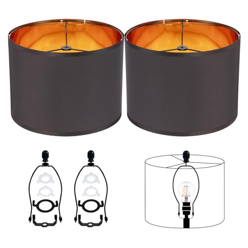 JNIBOAO Black Lamp Shades Drum Set Of 2 Medium Gold 12-Inch Replacement Lamp Shades For Table Lamps,Floor Lamps,Diy Pendant Lights, Wall Lights,Harp Holder Included,Requires Assembly. (Black)