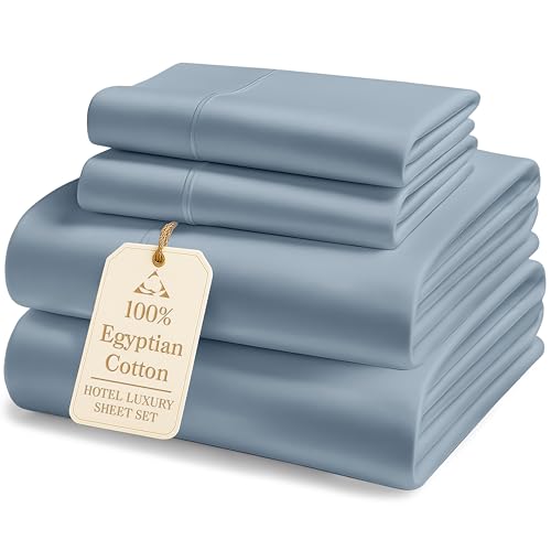 LANE LINEN Ultra Soft California King Sheets Set,100% Egyptian Cotton Mercerized Fully Elasticized with French Seam on Fitted Hotel Like Thick Luxury Cal King Bed Sheets- French Blue