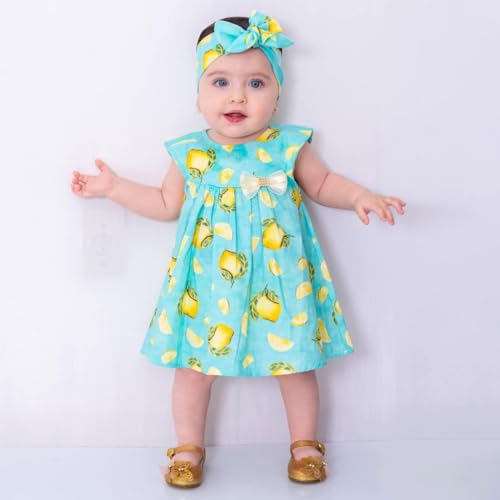 Vestido de Bebê Roupa Menina Infantil Com Tiara 100% Algodão - Mundo Nina - Limão Antigo Tamanhos:01