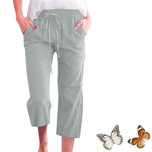 Linen Capri Pants for Women 2025 Summer Drawstring Elastic High Waist Casual Capris Straight Wide Leg Cotton Linen Pants