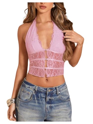 SOLY HUX Women's Lace Sheer Hollow Out Y2k Halter Top Backless