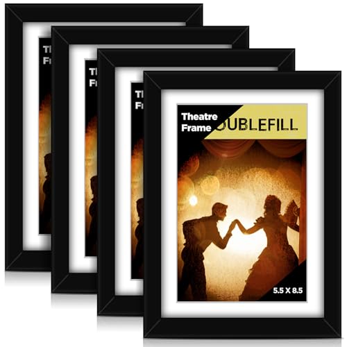 DoubleFill 4 Pcs Black Theatre Frame with Mat Fits 5.5x8.5 Inch Stage Show Program Frame Wall Hanging or Tabletop Art Frames with Easel Stand and Installed Hanger for Wall Gallery Poster (White)