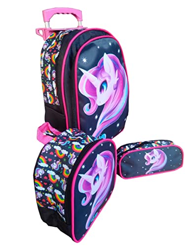 Kit Mochila Infantil com Rodinhas + Lancheira Térmica + Estojo Vários Personagens (Único, Unicórnio)