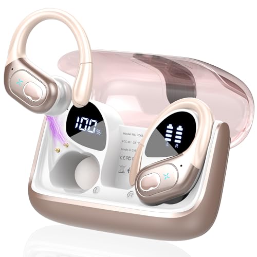 Auriculares Inalámbricos Deportivos, Auriculares Bluetooth 5.4 con HD Micrófono, 75H de Reproducción con Cancelacion Ruido ENC, IPX7 Impermeable Cascos Inalambricos Running con Pantalla LED, Oro Rosa