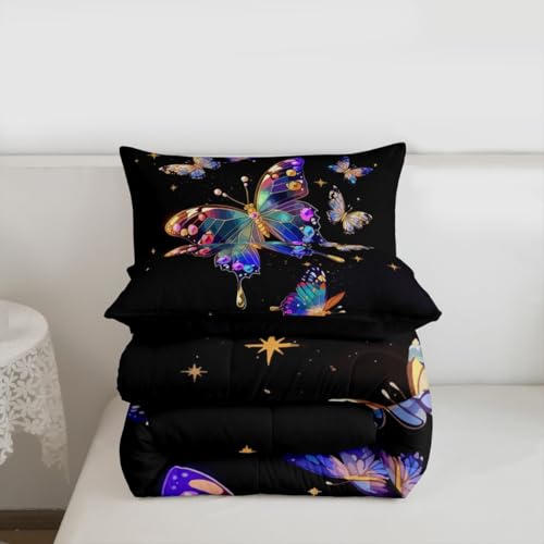 Image of Erosebridal Flying Butterfly King Size Comforter Set for Kids Teens Adults,Diamond Butterflies Bedding Sets,Outer Space Galaxy Duvet Insert,Starry Sky Quilt Bedroom Decor