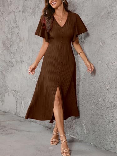 Image of Shasmi Girl's & Women's Pleated Midi Dress with Flutter Sleeves | V-Neck Western Dress for Women | Elegant A-Line Summer Outfit | Office & Casual Wear (Dress 244)