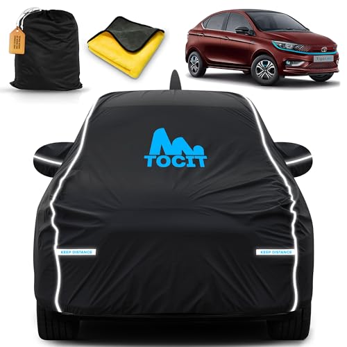 Image of Tigor Ev Waterproof Long Life Car Cover with Safety Glow Reflective Strap, Premium Stretchable Velvet Velour Fabric, Machine Washable, Tri-Stitch Custom Fit with Mirror & Antenna Pocket