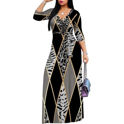 Image of PinkPatty Women's Print Maxi Dresses 3 /4 Sleeve Flowy Long Dress V Neck Wrap Tie Waist Sundress