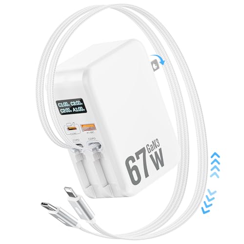 67W Retractable Phone Charger Wall Plug,4 in 1 Retractable Wall Charger with Dual Cables &2 Ports&LED Display,PD 30W USB C Fast Charging Block for iPhone 17 16 15 14 13 Pro Max,Galaxy 25 24, Tablet
