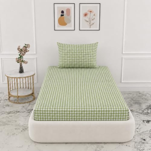 Image of VOMZER Single Size (36x72) 300 TC Soft Cotton Feel Microfiber All Around Elastic Fitted Single Bedsheet with 1 Pillow Cover | Sage Green