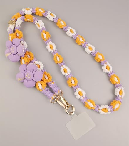 [NEZIH] ロング スマホストラップ 花柄 編み込み ショルダーストラップ レディース ネックストラップ リストストラップ 肩掛け 斜めがけ ホルダー 落下防止 フラワー 編み 手作り 可愛い(Free Sizeパープル)