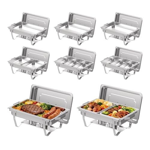 Chafing Dishes Buffet Set, 8 Pack 9 Quart Silver Stainless Steel Food Warmers with Removable Frame & Water Pan for BBQ, Catering, Weddings, Parties and Events by ZLMTZDJD - Used condition - US$139.96
