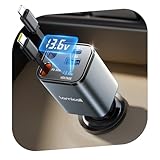 Lamicall 4in1巻取り式 シガーソケット 車 充電器：総69Ｗ Type-C 急速 4in1 車載充電器 4台同時充電可能 12/24V車対応 可視化電圧 80ｃｍ タイプC/ライトニング ケーブル iPhone Air,17,17 Pro,17 Pro Max/16/15/14/13/12シリーズ iPad/android/Apple Watch対応 カーチャージャー 高温/電流保護