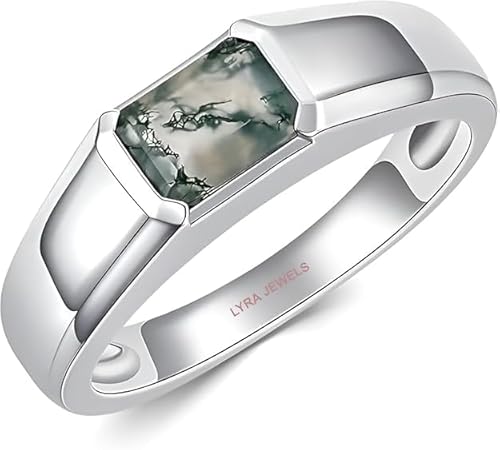 LYRA JWELS Natural Moss Agate Ring Solid 925 Sterling Silver