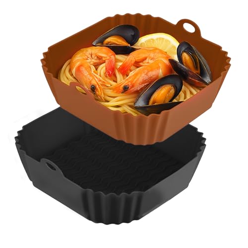 9 Inch Large Air Fryer Silicone Liners - 2 PCS Square Reusable AirFryer Basket Liners for 5-8QT Air fryer, Air fryer Accessories for Baking Roasting Microwave (Black + Brown)