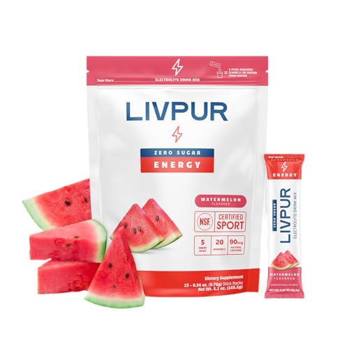 LIVPUR Energy Electrolyte Drink Mix Powder 15 Sticks Hydration Packets with Natural Caffeine Amino Acids & Electrolytes Sugar Free Focus & Energy Support (Watermelon Flavor)