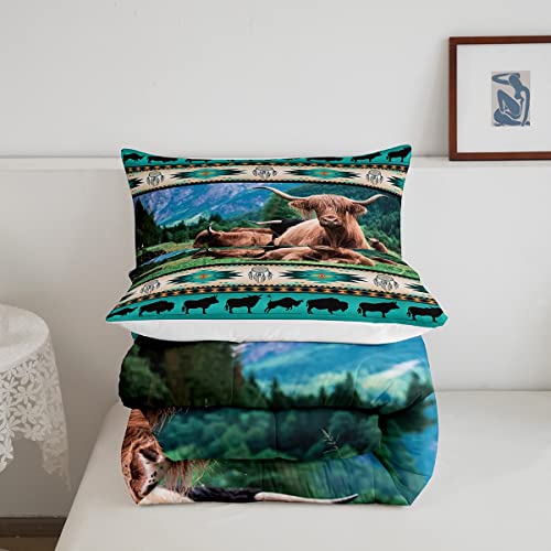 Highland Cow Comforter Set Ethnic Tribe Arrow Longhorn Bull Cattle Bedding Set,Cowgirl Farm Animals Duvet Insert Exotic Nordic Style Dream Catcher Quilt Queen,African Tribal Geometry Room Decor #TOP4