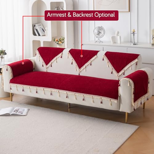 Image of HOKIPO 'Serenity Tassel' Chenille 3 Seater Sofa Cover with Tassel - Crimson Ruby (IN-892-MRN)