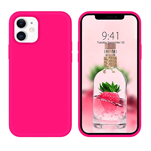 DOMAVER Coque iPhone 12/12 Pro Silicone Liquide Rose,iPhone 12 Rigide Antichoc Case Protection Fine Étui avec Douce Microfibre Doublure Souple Slim Housse Téléphone iPhone 12 6.1", Rose Fluo