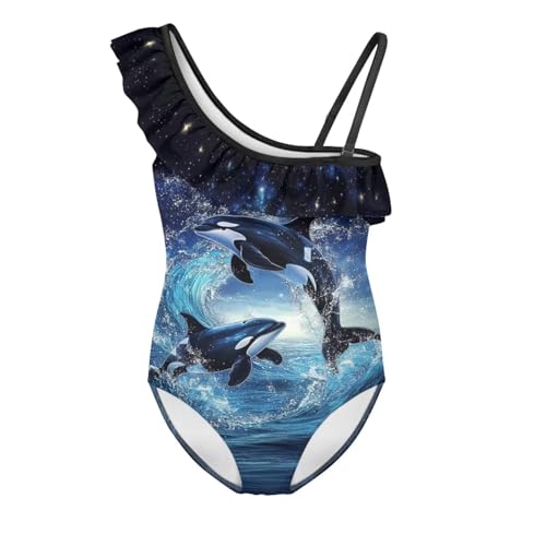 Image of Xpyiqun Swimsuits for Girls 3-14 1-Shoulder Ruffle Bathing Suit One Piece Adjustable Halter Swimming Wear