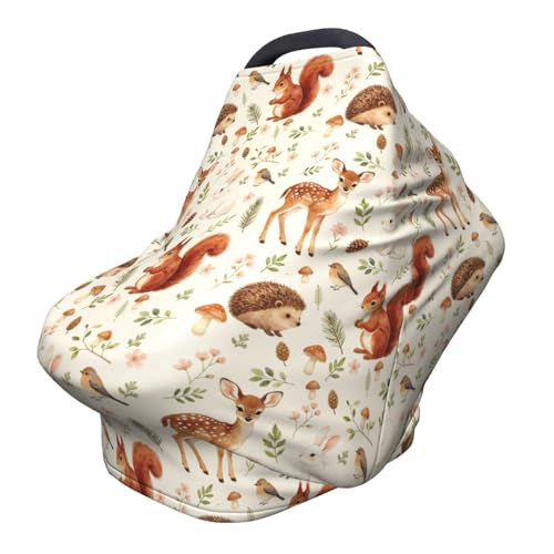 Image of Fox Hedgehog Squirrel Mushroom Squirrel Baby Stuff Car Seat Cover for Baby,Mom Nursing Breastfeeding Covers,Multi-Use Stroller Canopy Carrier Cover,Woodland Theme Gift for Boys Girls