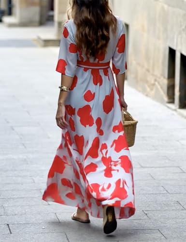 XNC Womens Summer Fall Cross V Neck Short Sleeve Party Long Dresses Red Boho Floral Flowy Split Cocktail Maxi Dress3