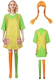 Qseownd Adult Women Longstocking Pippi Cosplay Costume Dress Skirt Vest Apron Pockets with Socks for Halloween Outfits (Green 1 + Wig, Medium)
