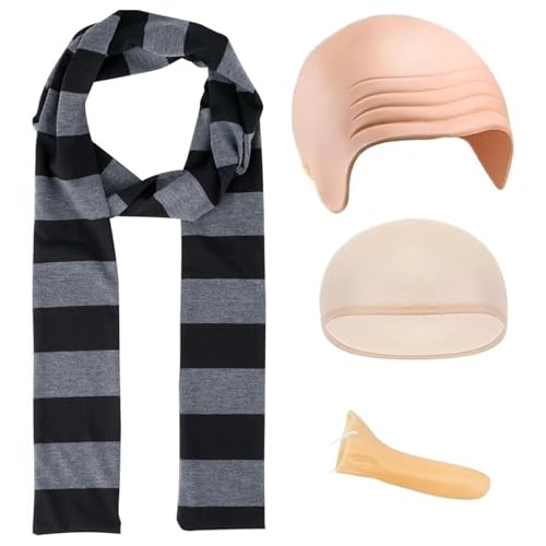 JSTHHTT 4 Pcs Conjunto de disfraz de juego de rol para adultos, bufanda a rayas, peluca calva, sombrero, nariz falsa, Accesorios de disfraz de cosplay de Halloween