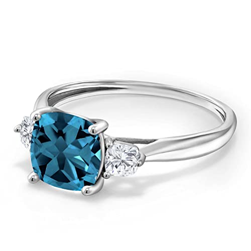 Gem Stone King 10K White Gold London Blue Topaz and White Moissanite 3-Stone Engagement Ring For Women | 2.11 Cttw | Cushion 7MM | 3 Stone Wedding Anniversary Promise Ring4