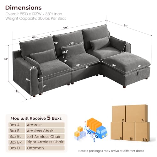 Image of WorthFurni Modern Modular Sectional Sofa,103 inch L Shape Minimalist Couch with Storage Ottoman,Comfty 4 Seat Sofa for Living Room,Grey Chenille