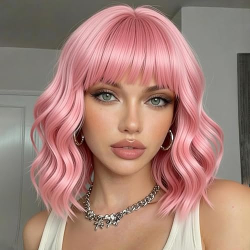 plenday Pink Wig with Bangs for Women Shoulder Length Short Pastel Wavy pink Bob Wigs With Bangs Synthetic Bob Wig Curly Wig Heat Resistant Colorful Wavy Wig Cosplay Fun Wigs For Daily Party(12 Inch)