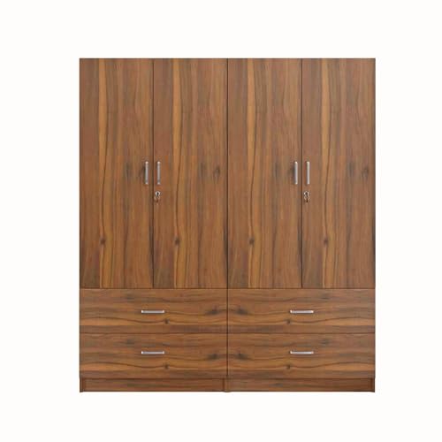 Image of VIKI Wardrobe | Wooden Almirah for 4 Door 4 Drawer with Shelves & Hanging Space Wardrobe (Brussel Walnut - 40D x 160W x 180.8H) | 1 Year Warranty | Free Assembly
