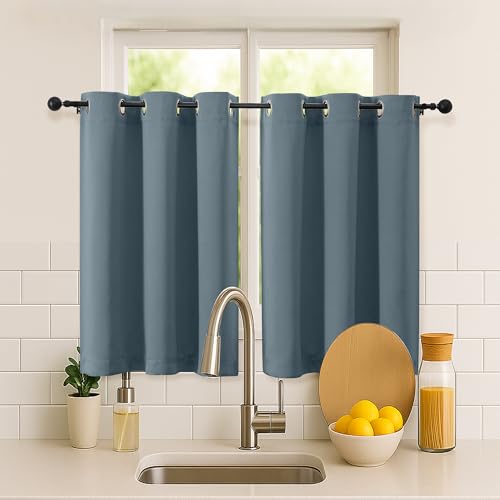 Image of Simplebrand Stone Blue Short Cafe Curtains 36 Inch Length 2 Panels Set, Half Window Grommet Privacy Drape Tiers for Kitchen, Thermal Insulated Room Darkening Curtains for Bathroom Shades, W40 x L36