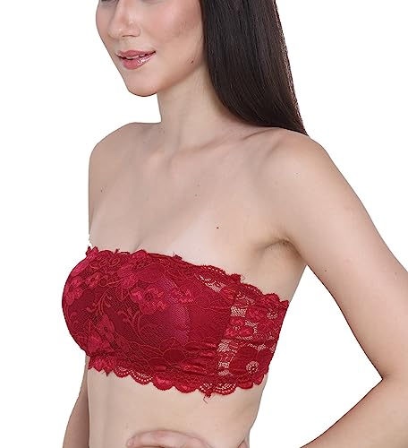 Image of GLAMORAS Womens Nylon Lace Spandex Padded Non Wired Floral Lace Tube Bra Strapless Padded Seamless Hook Closure Bra, Free Size