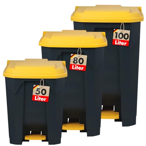Floordirekt Mülleimer 100 Liter, gelber Deckel, Abfalleimer für Küche und Büro, Mülltrennsystem, Tretmülleimer mit Step-On-Mechanismus, Papierkorb, Mülltonne Olaf