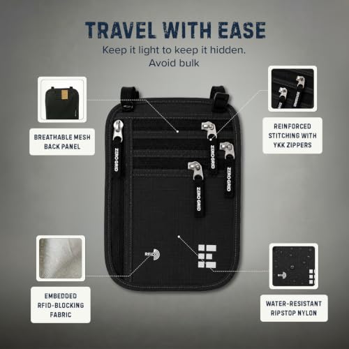 Image of Neck Wallet for Travel & Passport Holder with RFID Blocking - Slim & Easy to Conceal Nylon Travel Pouch for men & women - Holds Phone, Cash, Cards, Keys - Sweat & Water Resistant - XLarge - Black