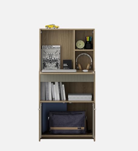 Image of Spacewood Study Table | 3 Year Warranty | Oliver |Study Desk with Storage, Study Table, Table with 3 Shelves and 1 Drawer Storage | Engineered Wood | Santana Oak & Modern Ash