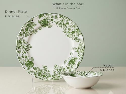 Image of Bodhi House Porcelain Dinner Set 12 Pieces - Green Leaf White Dinnerware Set | 6 Dinner Plates, 6 Katori Bowls | Premium Crockery Set for Dining, Kitchen & Gifting
