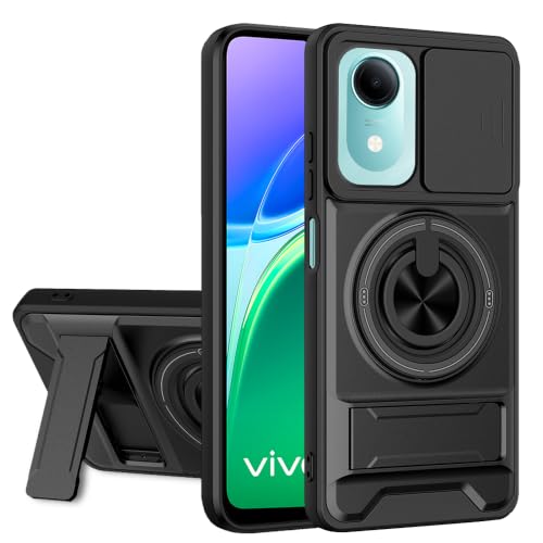 Image of AESTMO Vivo T5E Back Cover | Armor Camera Slider 360 Degree Rotating Finger Ring Holder Case with Bracket Stand Back Case Cover (Compatible with MagSafe Accessories) (Black)