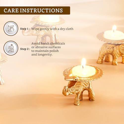 Image of Amazon Brand - Solimo Decorative Handcrafted Metal Elephant Diya for Puja | Tealight Candle Holder for Home Decor & Gifting (Pack of 4) | 8 x 6.5 x 4.5 cm Each | Gold Finish