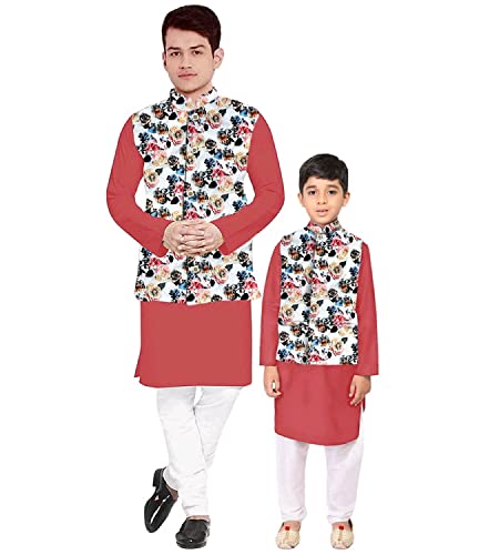 Image of Os Men's & boy kurta pyjama set with nerhu jackets (Multi printed) in cotton (baap beta|father son|)