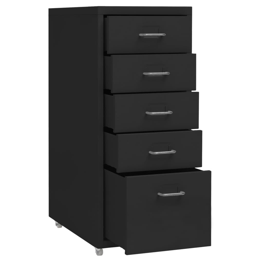 Metall Büroorganisation Aktenschrank mit 5 Schubladen und 4 Rollen, Mobiler Büroschrank aus Metall zur Aktenaufbewahrung Schwarz 28x41x69 cm