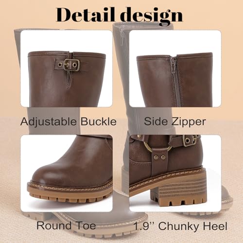 Women's Mid Calf Boots, Flat Casual Round Toe Booties Fashion Buckle Dressy Fall and Winter Low Heeled Boots for Women.4