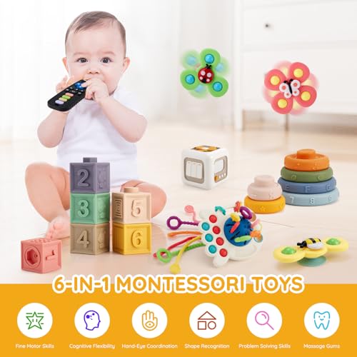 VoMii 18Pcs Baby Toys 6-12-18 Months, Montessori Toys Newborn Toys for Babies, Infant Teether Sorting Stacking Blocks Spinner Toy Activity Cube Pull Push Sensory Toys for Toddlers 1-2-3 Years